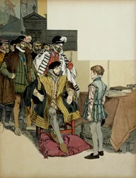 El Rey de Francia Enrique II (1519-1559) rodeado de sus caballeros gusta de interrogar a Enrique IV (1553-1610) de niño por sus respuestas. Ilustración de Hermann Vogel (1856-1918) en “Henri IV”