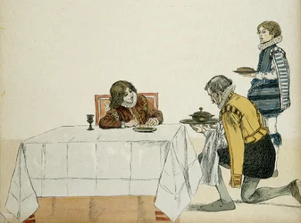 El joven Luis XIII (1601-1643), aún no rey, servido por su gobernador tras la muerte de su padre Enrique IV (1553-1610)