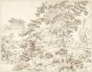 Paisaje arcádico con mujer jugando al fútbol