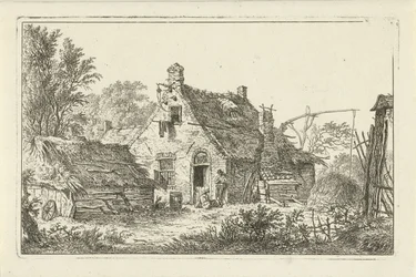 Granja con hombre de pie y mujer sentada