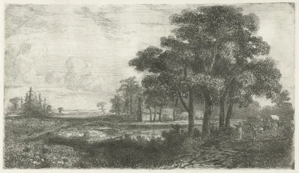 Paisaje arbolado con carreta cubierta