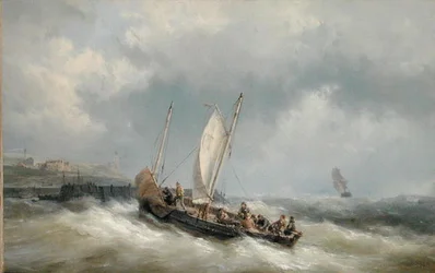 Un lugre entrando al puerto en una tormenta