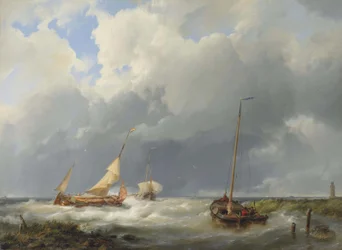 Escena costera con barcos pesqueros