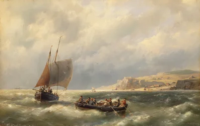 Paisaje marino con figuras en barcas (óleo sobre lienzo)