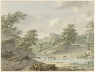 Paisaje con dibujante sentado y castillo junto al agua