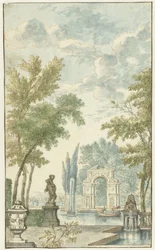 Jardín con fuente de agua