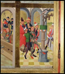 San Víctor de Marsella derribando el ídolo pagano, del Altar Mayor de la Iglesia de San Nicolás, 1481 (detalle)