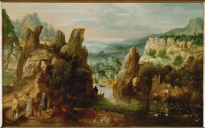Paisaje con los apóstoles de camino a Emaús (pintura sobre madera de roble)