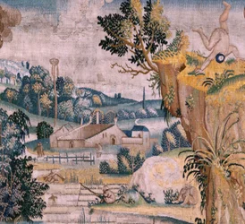 Tapiz flamenco. Serie Cuatro tapices según Hieronymus Bosch. San Antonio en oración (San Antonio en oración). Segundo tapiz de la serie. Modelo Inspirado en la obra de Hieronymus Bosch. Fabricación Taller desconocido, Bruselas. Antes de 1560. Tejido Ir