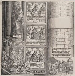 Maximiliano como Arquitecto, con una Estatua de San Leopoldo, y Bustos de los Ancestros de Maximiliano, 1517-1518