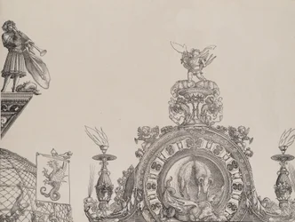 El pináculo del portal derecho, y un trompetista y estandarte del portal central, 1515
