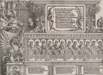 La sección superior del portal derecho, con la inscripción en una piel de ciervo, un friso con..., 1515