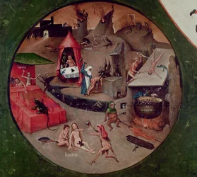 Tablero de mesa de los siete pecados capitales y las cuatro postrimerías, detalle del Infierno, hacia 1480