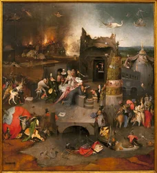 Tríptico de las tentaciones - parte central: la tentación de San Antonio el Grande (o San Antonio el Ermitaño o San Antonio el Abad). Pintura de Hieronymus Bosch (1450-1516), óleo sobre madera, circa 1500