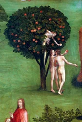 Tríptico del Juicio Final, panel izquierdo. Adán y Eva en el Paraíso (detalle)