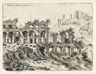 Vista del Coliseo y la Colina Palatina Rvinarvm palatii maioris, prospectvs 1 (título sobre el objeto) Ruinas romanas (título de la serie)