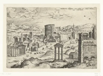 Gezicht en el Foro Romano La vista del Coliseo con ædibvs y varios vininis contiguos (título sobre objeto) Romeinse ruïnes (título de la serie)