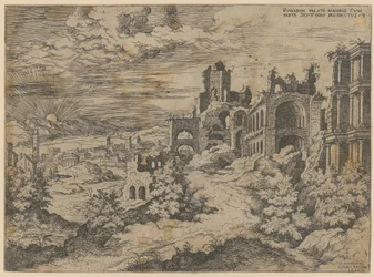 Ruinas del Palatino con vista panorámica del paisaje, lámina 3 de la serie «Praecipua aliquot Romanae Antiquitatis Ruinarum Monimenta [...]»