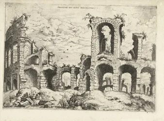 Segunda vista del Coliseo de Roma Collossæi ro alivs prospectvs (título sobre el objeto) Ruinas romanas (título de la serie)