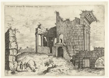 Tweede gezicht op het Forum Nerva Ex incertis qvibvsdam Ro Antiqvitatis rvinis (...) (título sobre el objeto) Ruinas romanas (título de la serie)
