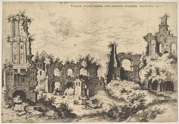 Vista de las ruinas en la Colina Palatina con fachada trabada a la izquierda y arcadas en el centro