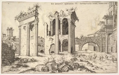 Vista de ruinas no identificadas con fachada trabada a la izquierda, arcadas en el centro y arco, 1551