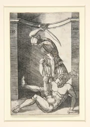 Soldado matando a un hombre desnudo