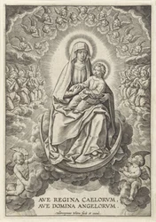 María con el Niño Jesús en la Luna Creciente Ave Regina Caelorum, Ave Domina Angelorvm (título sobre objeto)