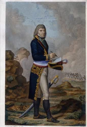 Retrato del emperador Napoleón Bonaparte (1769-1821). (Retrato del emperador Napoleón Bonaparte). Obra de Hilaire Ledru (1769-1840), grabado coloreado con acuarela, hacia 1810. Arte francés