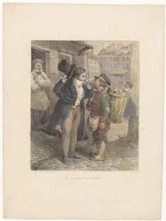 Caballero bien vestido enciende su cigarro de la pipa de un trabajador en harapos Les extrêmes se touchent (título sobre objeto) Bocetos litográficos (título de la serie) Croquis lithographiques (título de serie sobre objeto)