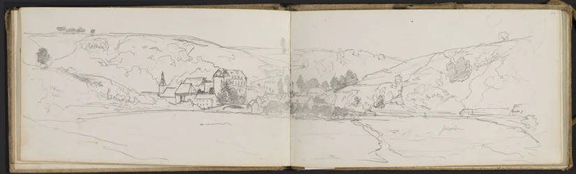 Vista de pueblo con anotaciones de color (hojas de un cuaderno de bocetos)