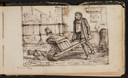 Hombre con carretilla y perrito (página de un cuaderno de bocetos)