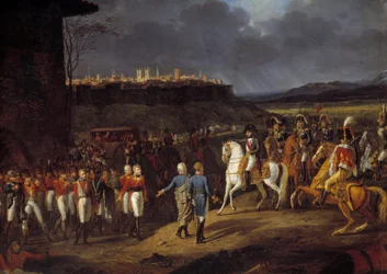 Campaña de España: El emperador Napoleón I fue presentado en Astorga, España, prisioneros ingleses y ordenó que se les tratara con especial cuidado, enero de 1809 (detalle)