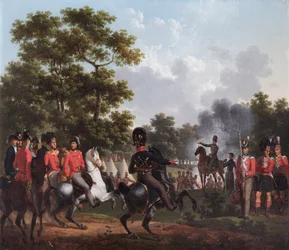 El duque de Wellington visita los puestos avanzados de Soignies (óleo sobre lienzo)