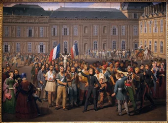 Los politécnicos llevando el crucifijo salvado de la capilla de las Tullerías, durante la revuelta del 24 de febrero