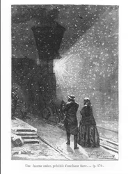 Una sombra enorme, precedida por una luz brillante, ilustración de «La vuelta al mundo en ochenta días» de Jules Verne (1828-1905), grabada por Pan, 1873