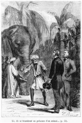 Phileas Fogg delante de un elefante, ilustración de «La vuelta al mundo en ochenta días» de Jules Verne (1828-1905), finales del siglo XIX