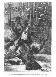El francés fue capaz de derribar a tres de ellos con un puñetazo, ilustración de La vuelta al mundo en ochenta días por Jules Verne (1828-1905) grabado por Henri Theophile Hildibrand (1824-97) 1873