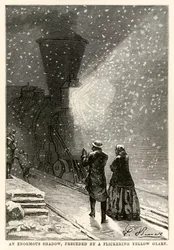 Una enorme sombra, precedida por un resplandor amarillo parpadeante, de La vuelta al mundo en ochenta días de Jules Verne (1828-1905), grabado por Adolphe François Pannemaker (1822-1900), 1873