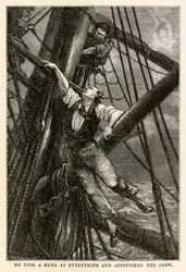 Él se ocupaba de todo y asombraba a la tripulación, de La vuelta al mundo en ochenta días de Julio Verne (1828-1905) grabado por Henri-Théophile Hildebrand (1824-97), 1873