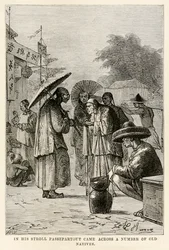 En su paseo Passepartout se encontró con varios viejos nativos, de La vuelta al mundo en ochenta días de Julio Verne (1828-1905), grabado por Adolphe François Pannemaker (1822-1900), 1873