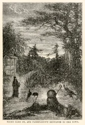 Cayó la noche, y Passepartout regresó a la ciudad, de La vuelta al mundo en ochenta días de Julio Verne (1828-1905), grabado por Louis Prevost, 1873