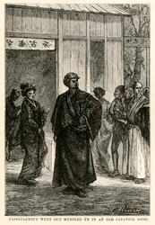 Passepartout salió envuelto en una vieja bata japonesa, de La vuelta al mundo en ochenta días de Julio Verne (1828-1905), grabado por Louis Prevost, 1873