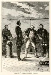¡Pirata!, gritó Andrew Speedy., de La vuelta al mundo en ochenta días de Julio Verne (1828-1905) grabado por Louis Dumont (n.1822) 1873