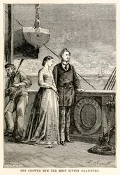 Ella le mostró la más viva gratitud, de La vuelta al mundo en ochenta días de Julio Verne (1828-1905) grabado por Henri-Théophile Hildebrand (1824-97), 1873