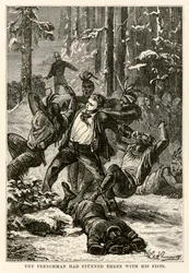 El francés había aturdido a tres con sus puños, de La vuelta al mundo en ochenta días de Julio Verne (1828-1905) grabado por Henri-Théophile Hildebrand (1824-97), 1873