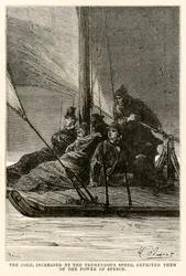 El frío, aumentado por la tremenda velocidad, les privó del poder del habla, de La vuelta al mundo en ochenta días de Julio Verne (1828-1905) grabado por Adolphe François Pannemaker (1822-1900)