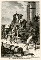 La tripulación mostró un celo increíble, de La vuelta al mundo en ochenta días de Julio Verne (1828-1905) grabado por Louis Dumont (n.1822), 1873