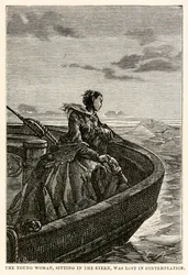 La joven, sentada en la popa, estaba perdida en la contemplación, de La vuelta al mundo en ochenta días de Julio Verne (1828-1905), grabado por Jean Louis Prevost, (1790-1850), 1873