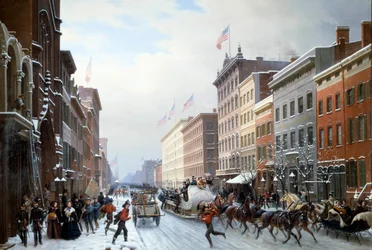 Una calle de Manhattan en Nueva York en 1840. Pintura de Hippolyte Victor Valentin Sebron (1801-1879) 1840